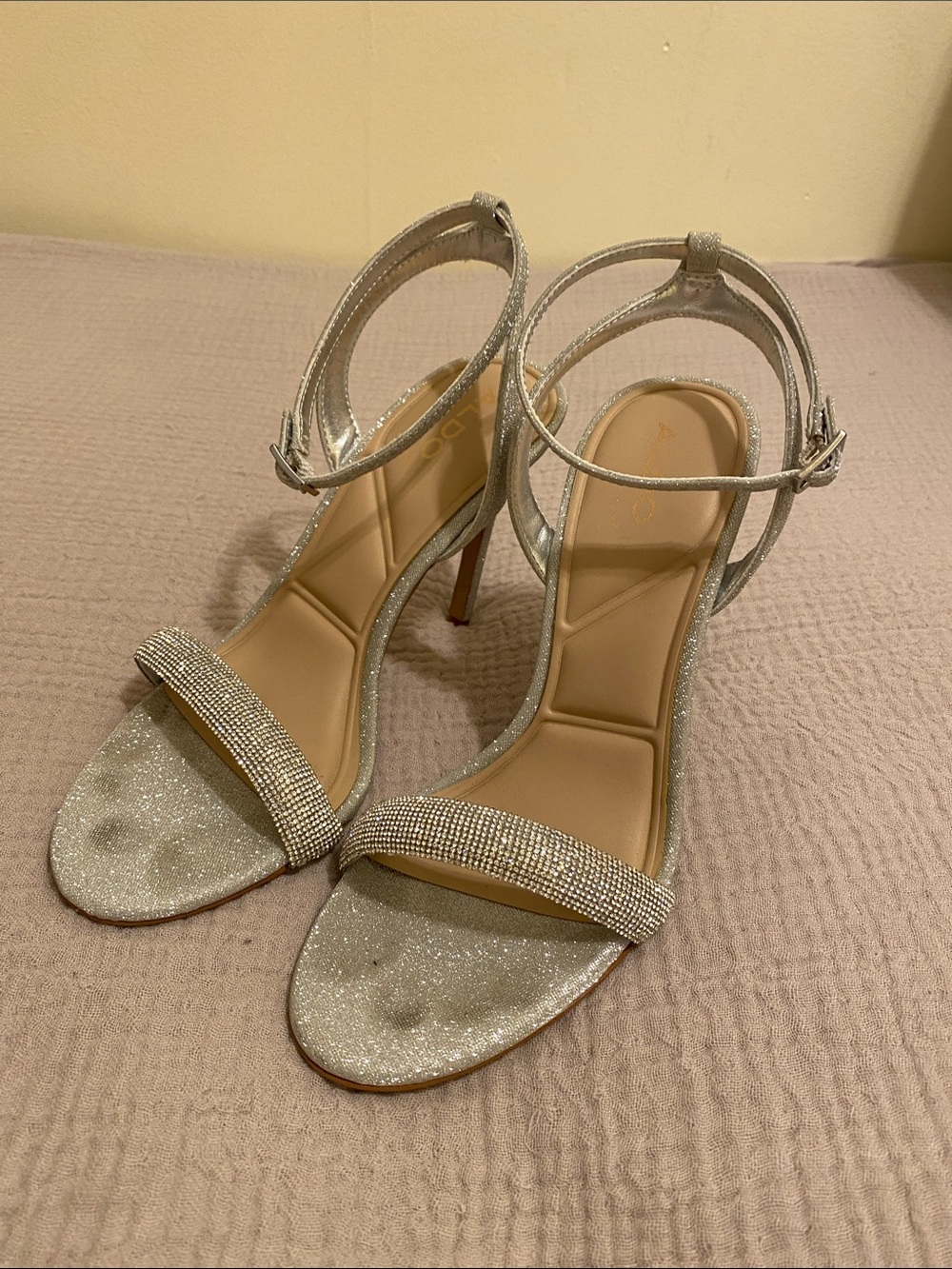 Aldo Silver Glitter Rhinestone Ankle-Strap Heels. Size 7.5